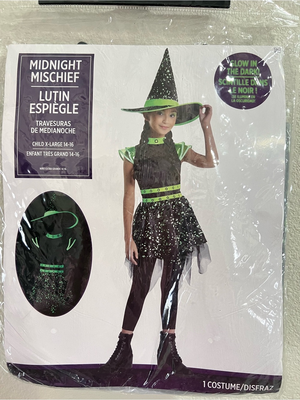 Midnight Mischief Glow-in-the-Dark Witch Costume for Kids - Black & Neon Green
